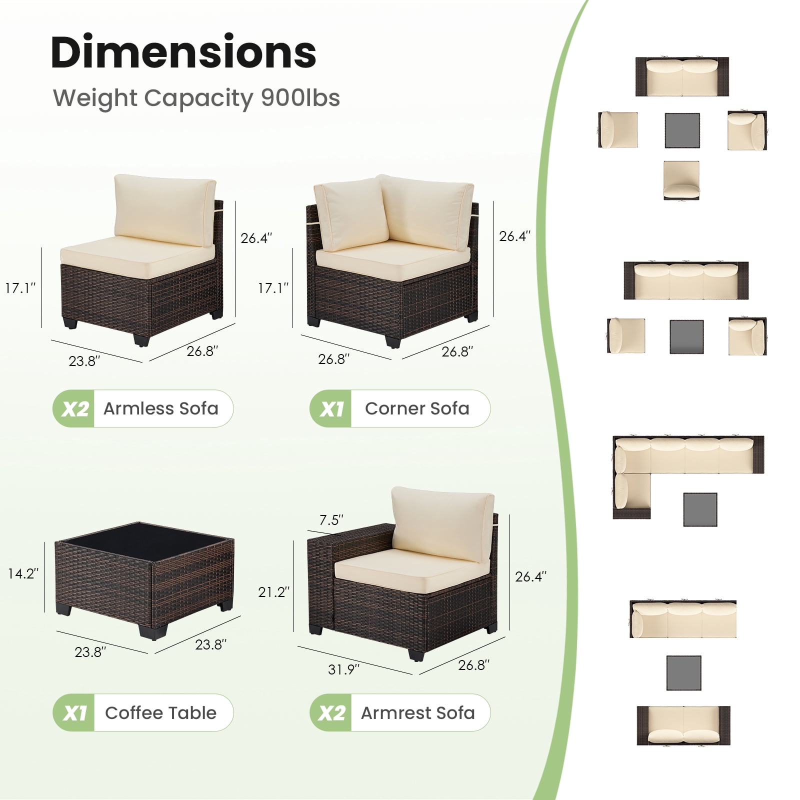 STARY 6 Pieces Outdoor Sectional Sofa with Wide Armrests, Patio Conversation Set, PE Rattan Furniture Set for Backyard, Cream