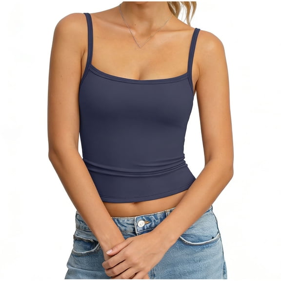 Felirenzacia Women's Padded Tank, Basic Double Lined Square Neck Tank Tops Adjustable Cami Tank Summer Sleeveless Tops,Navy,S