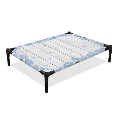 Farmhouse Flower Elevated Dog Bed Blue Rose Wreath Rustic Country White Wood Grain Cooling Breathable Outdoor Raised Dog Cot Bed with Metal Frame Non-Slip Feet for Large Dog 28x22in