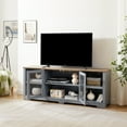 thumbnail image 2 of PORKISS TV Stand for TVs up to 80", Modern Entertainment Center with Open Shelves, Large Farmhouse TV Console with Glass Door Cabinets, Classical Media Console for Living Room, Light Blue/Oak, 2 of 11