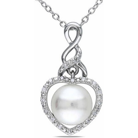 Miabella 8-8.5mm White Button Cultured Freshwater Pearl and Diamond Accent Sterling Silver Infinity Heart Pendant, 18