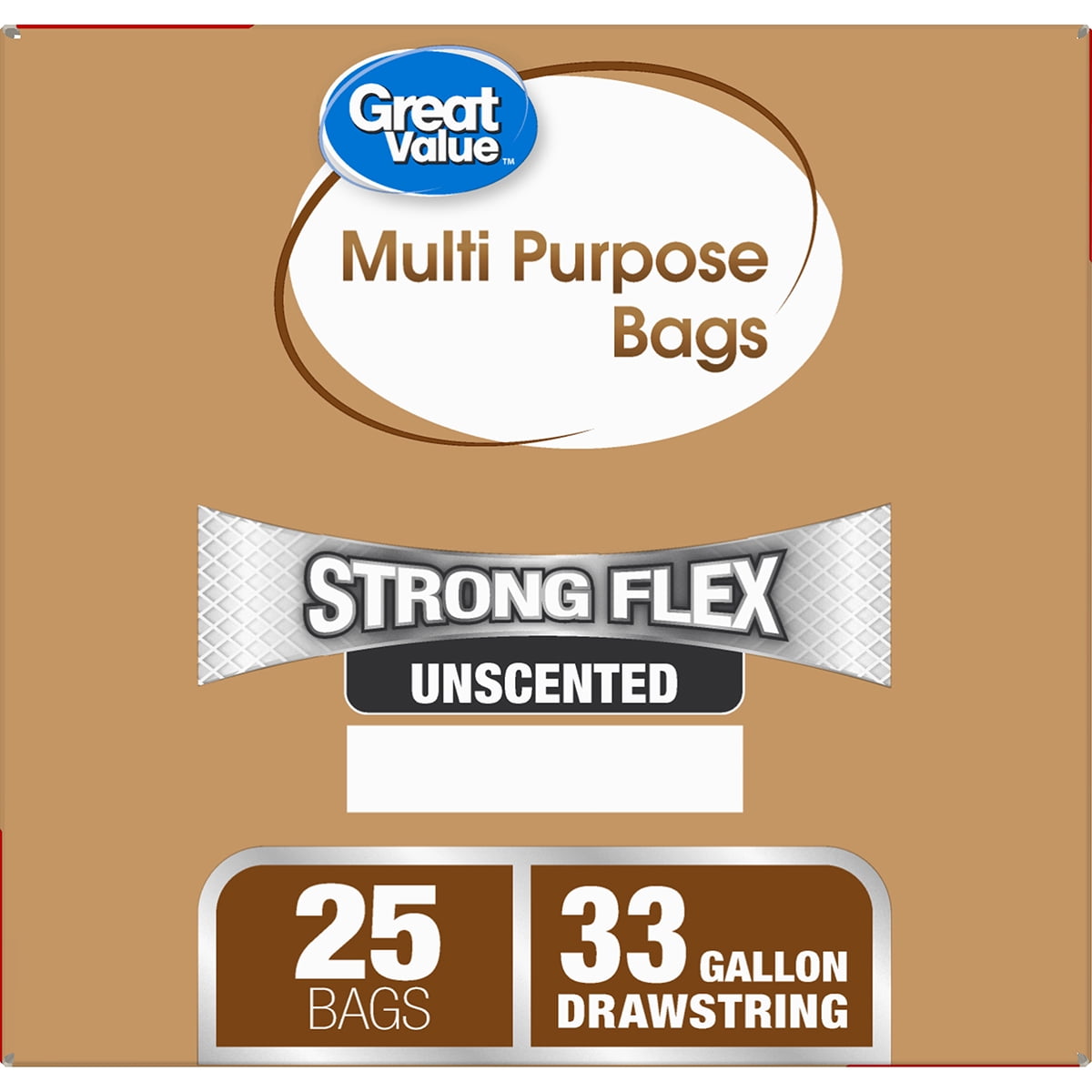 Great Value Strong Flex Multi-Purpose Drawstring Trash Bags, 33 Gallon, 25 Count