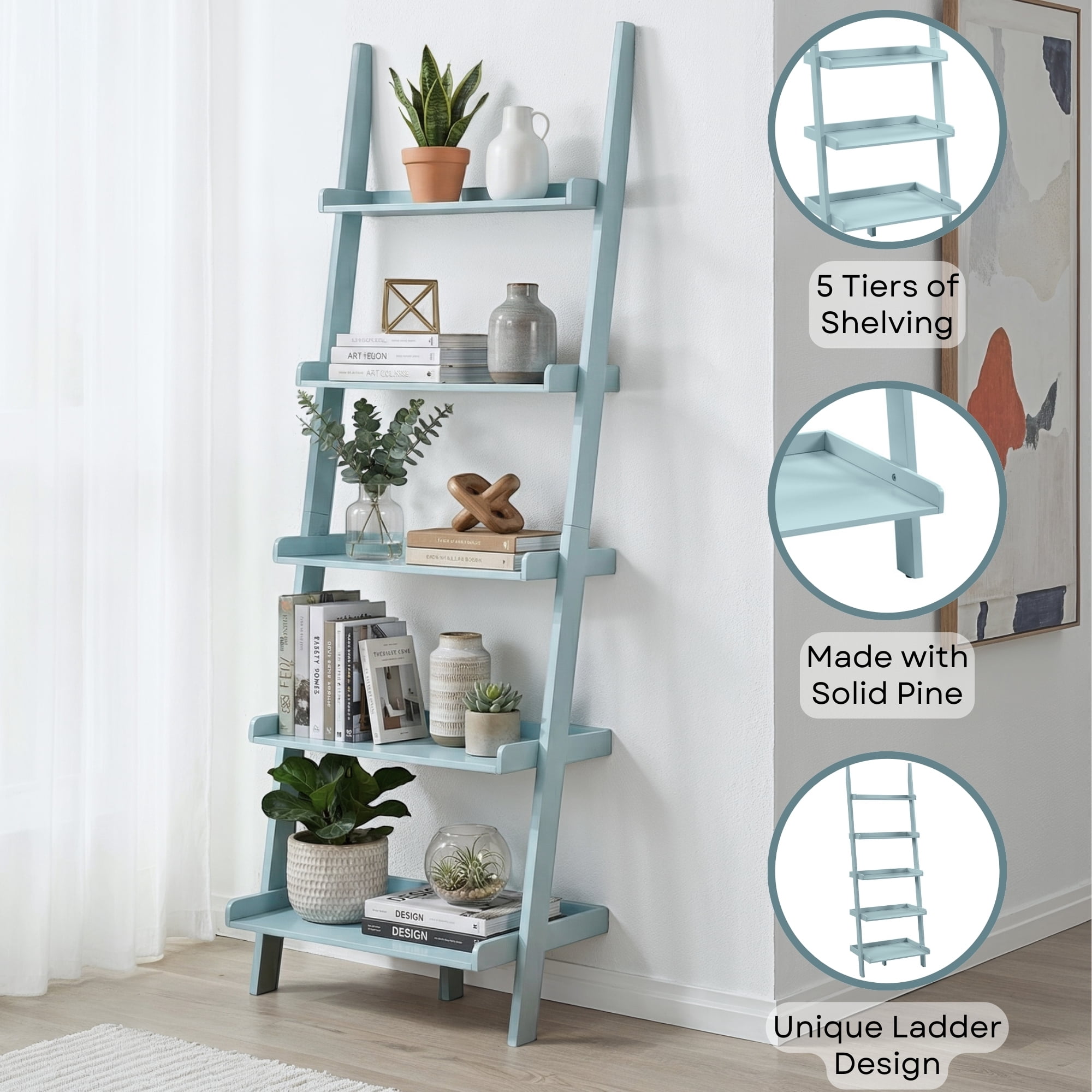 Convenience Concepts American Heritage 5-Shelf Ladder Bookcase, Sea Foam