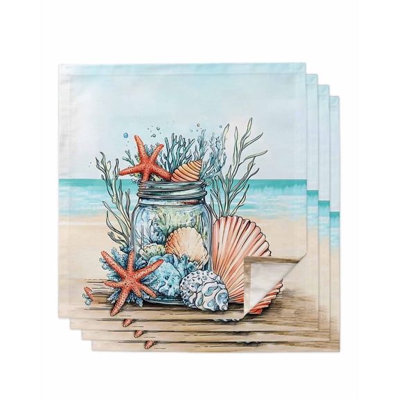 nqOlkjepod Coastal Beach Cloth Napkins Set of 4 Reusable Dinner Napkins, Summer Ocean Starfish Coral Shells Cocktail Napkin Washable Table Napkins for Wedding/Holiday Party/Baby Shower 20"x20"