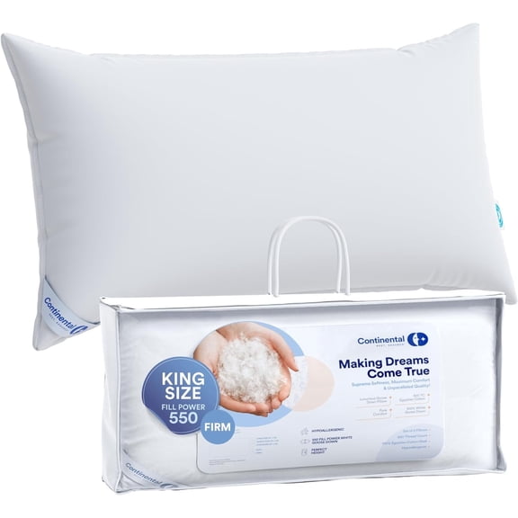 Continental Bedding Luxury Duck Down Pillow, 550 Fill Power, Firm Support for Side Sleepers - Pack of 1 - King Size