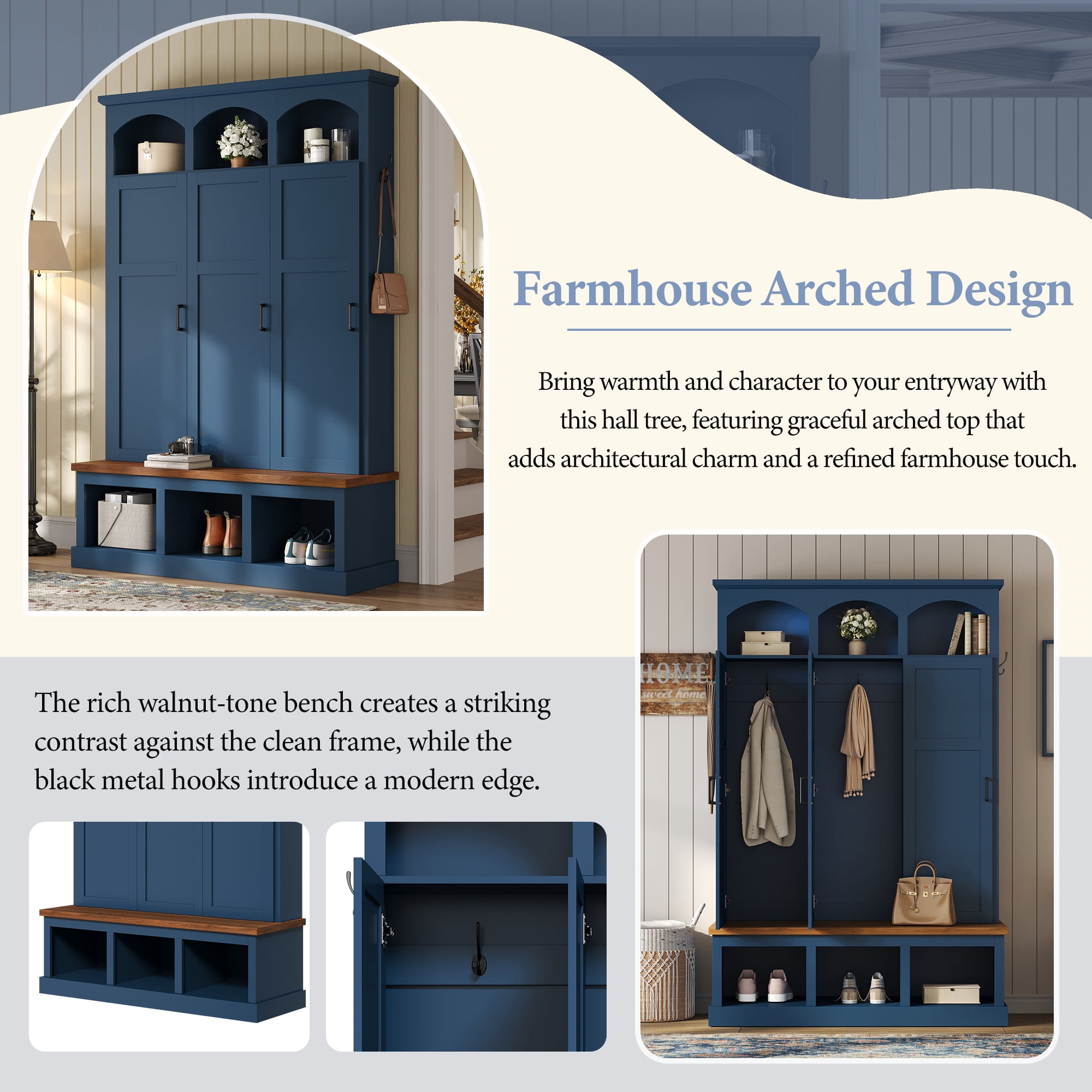 Homy Casa 49.2" Mudroom Hall Tree with Built-in Bench, Coat Rack, Doors & Shoe Storage, Blue