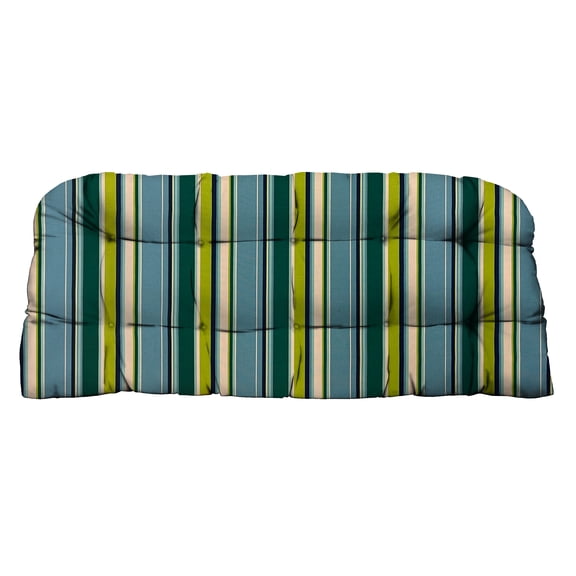 RSH Décor Indoor Outdoor Single Tufted Wicker Loveseat Cushion, Large, Covert Capri Blue Stripe