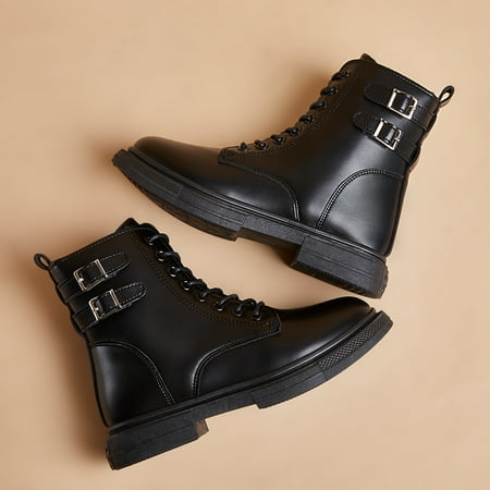 

Double Buckle Decor Round Toe Fleece Boots Comfortable Ankle High Combat Boots Women‘s Footwear
