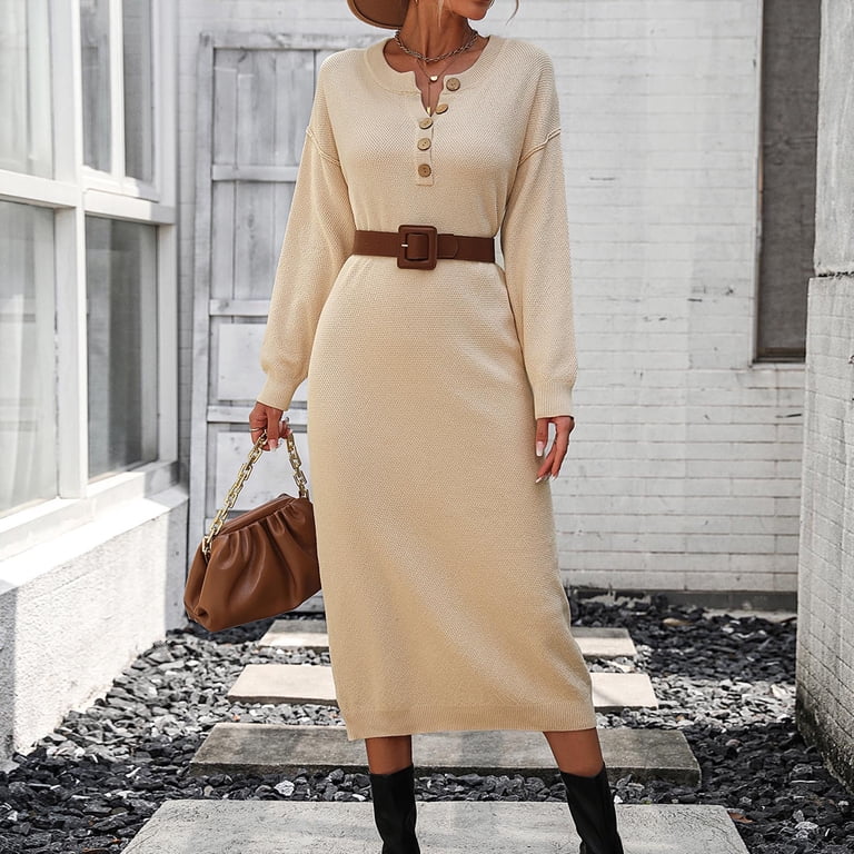 Women Sweater Dress Long Sleeve Button V Neck Oversized Casual
