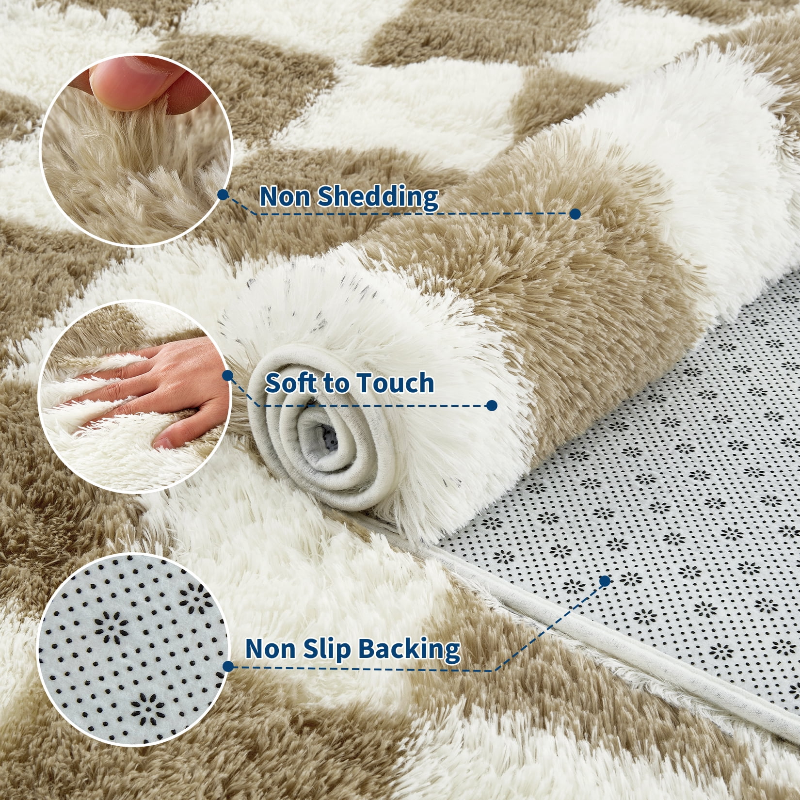HOMERRY Large 10' x 13' Fluffy Area Rug for Living Room Geometric Check Shaggy Indoor Carpet Fuzzy High Pile Plush Floor Cover, Brown White