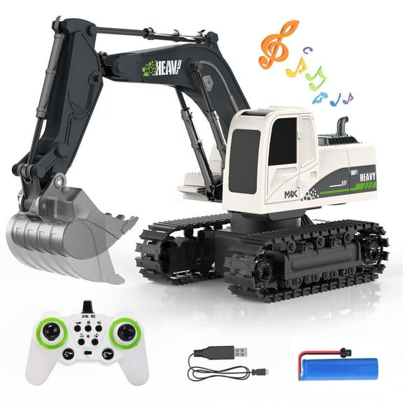 Excavator Toy for Boys, Remote Control Excavator with 11 Channels, Auto-Demonstration, Music,2.4Ghz RC Construction Vehicles, Christmas Birthday Gift for Kids