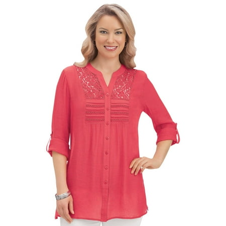 Women's Lace Inset Button Front Pintuck Tunic Top Blouse with Roll Tab Sleeves, Xx-Large,