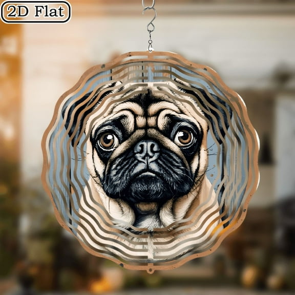 3D Rotating Wind Chime _  Pug Dog _- 10*10 Inch Stainless Steel Wind Spinner for Yard, Garden, Outdoor Decor - Multicolor Holiday Decoration