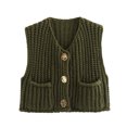 thumbnail image 1 of Chalecos tipo suéter de moda coreana para otoño para mujer, cuello en V, botones azules, bolsillos delanteros, sin mangas, tejido de cable, chaleco rojo, 1 of 5