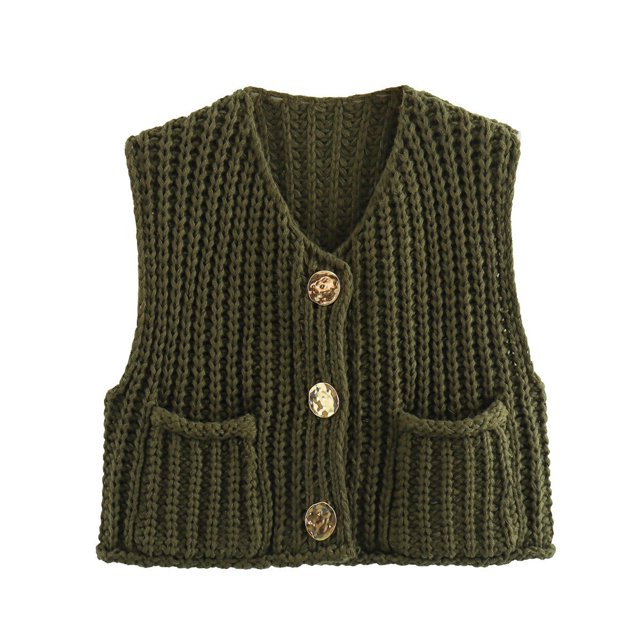 Chalecos tipo suéter de moda coreana para otoño para mujer, cuello en V, botones azules, bolsillos delanteros, sin mangas, tejido de cable, chaleco rojo
