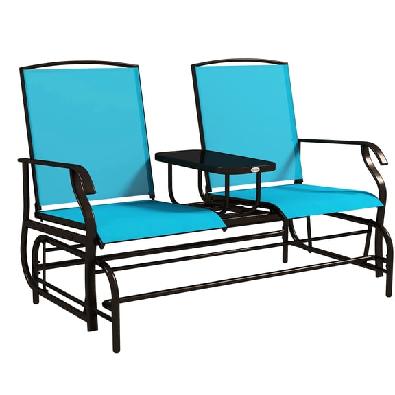Blue Patio Glider Bench With Middle Table. Metal Frame For Backyard. Breathable Textile, 528 Lbs. Load Capacity, Double Gliding Relax Coffee Garden, Backyard, Porch. Fabric, Glide