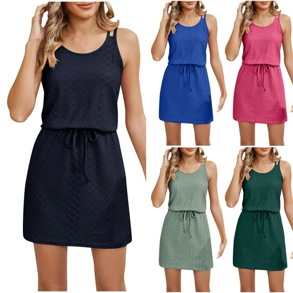 Ashirexll Midi Dresses for Women, Women's Casual Dresses, Summer Casual Printed Round Neck Sleeveless Suspended Strap Dress