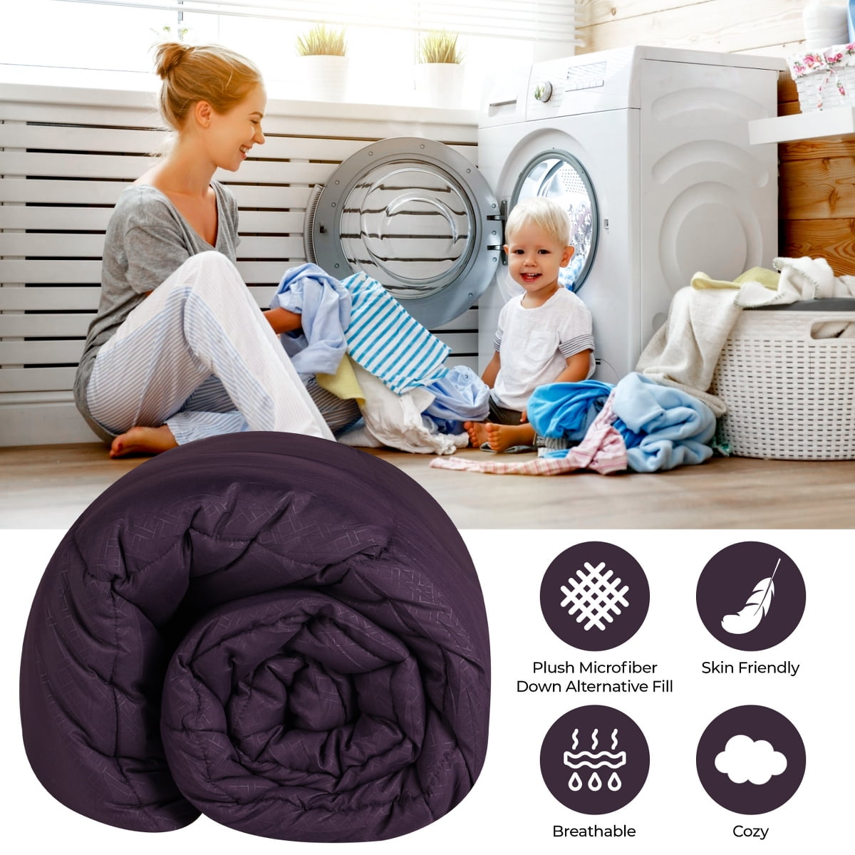 Superior Basketweave Plush Down Alternative Comforter, Full/Queen, Plum