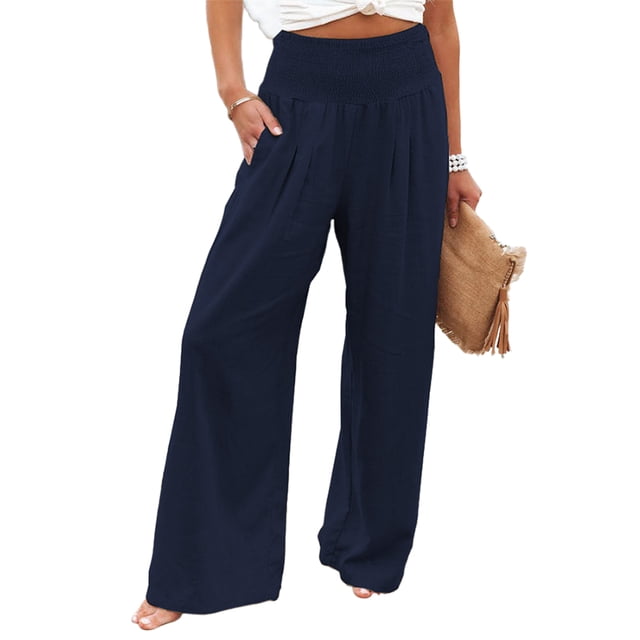 Pantalones de lino y algodón para mujer pantalones Palazzo de pierna ancha elásticos de cintura alta pantalones informales con bolsillos para salón