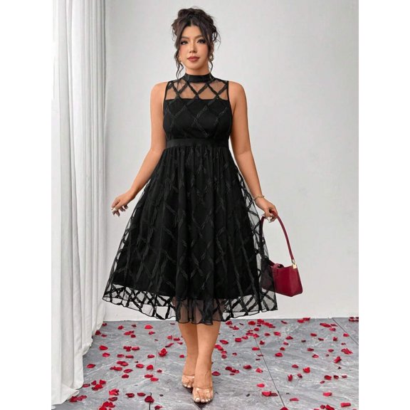 Black Womens Plus Size Sleeveless High Neck Grid Lace A-Line Cocktail Dress