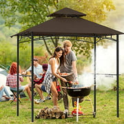 COOSHADE 8'x 5' Grill Gazebo Double Tiered Outdoor BBQ Gazebo Canopy with LED Light (Brown)
