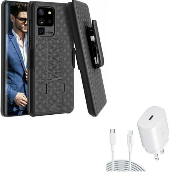 25W Fast Home Charger w Case Belt Clip for Samsung Galaxy S20 Ultra - PD Type-C 6ft USB-C Cable , Holster Swivel Cover