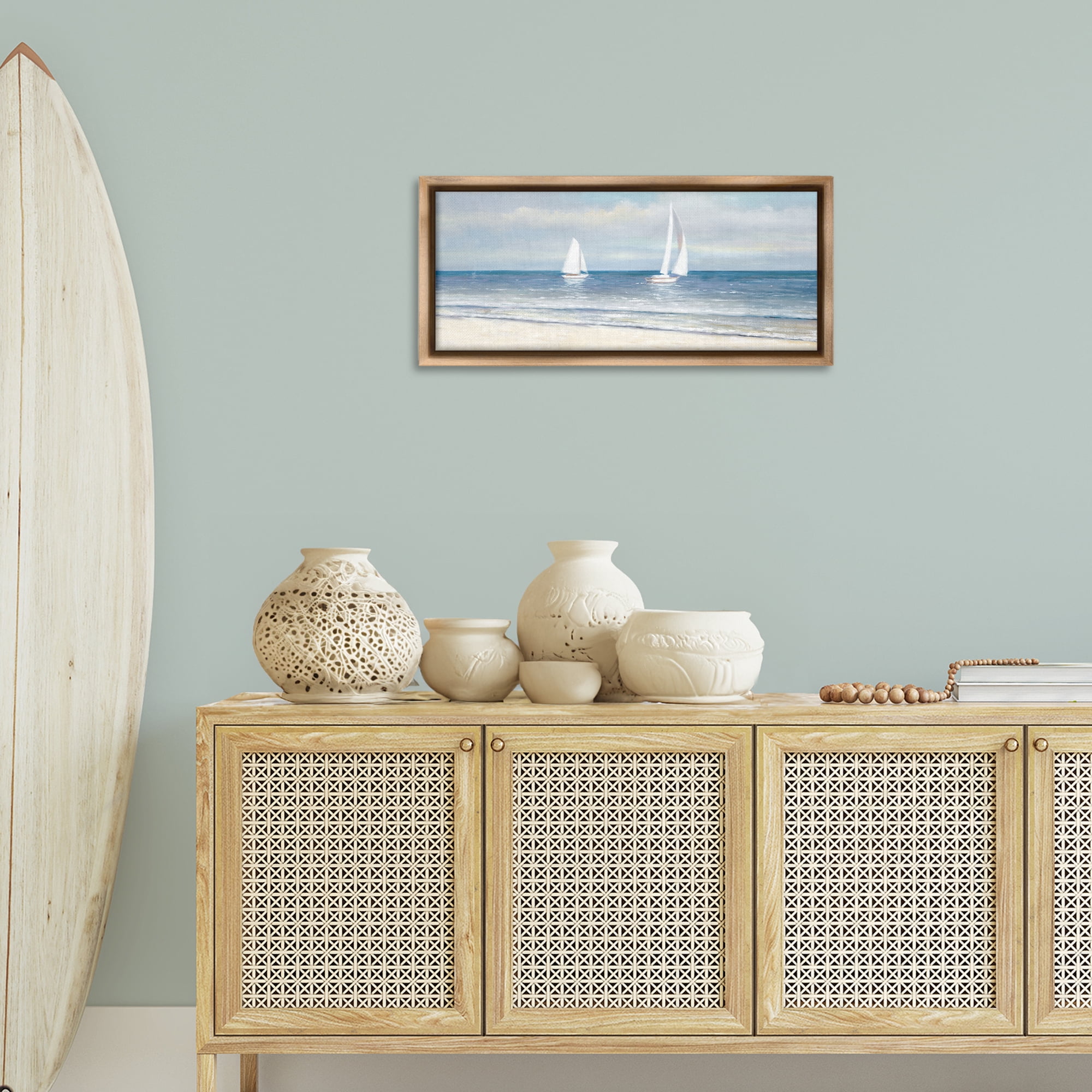 Stupell Industries Sooth Sailboats View Nautical & Beach Painting Brown Floater Framed Canvas Art Print Wall Art, 31 x 14