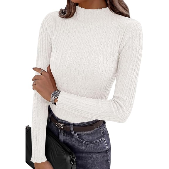PRETTYGARDEN Women's Fall Long Sleeve Fitted Shirts | Comfy Stretchy Cable Knit, Trendy Lettuce Trim Mock Neck, Casual Basic Tees, Cute Layering Tops, Fashion Clothing