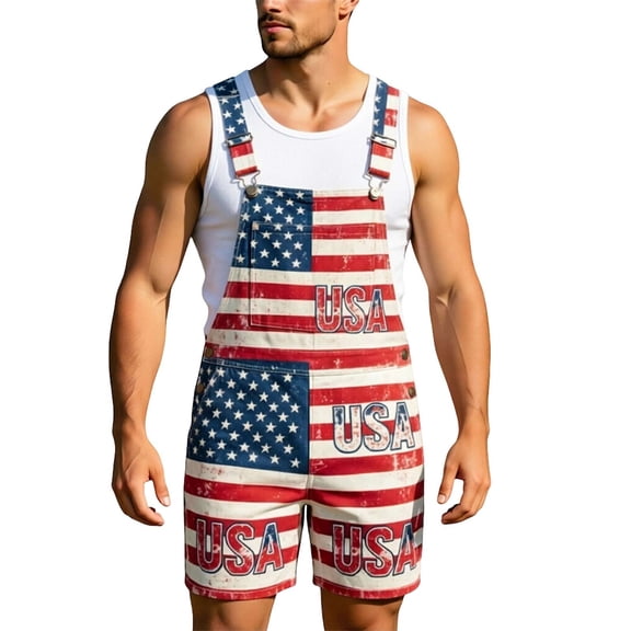 Overalls for Men Distressed USA Flag Print Short Overalls Patriotic Festival Jumpsuit, 5XL