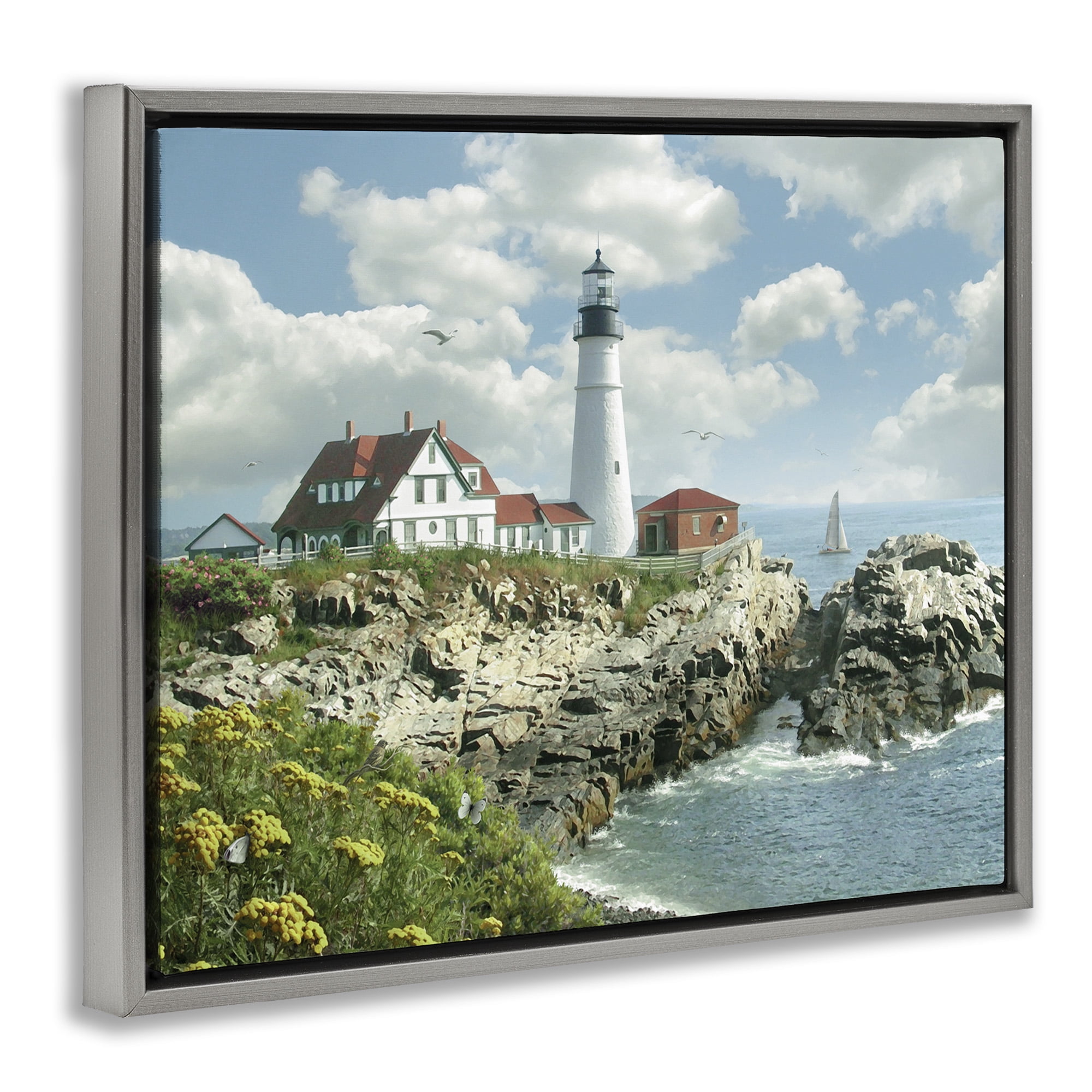 Stupell Industries Portland Lighthouse Peninsula Scene Landscape Painting Gray Floater Framed Canvas Art Print Wall Art, 31 x 25