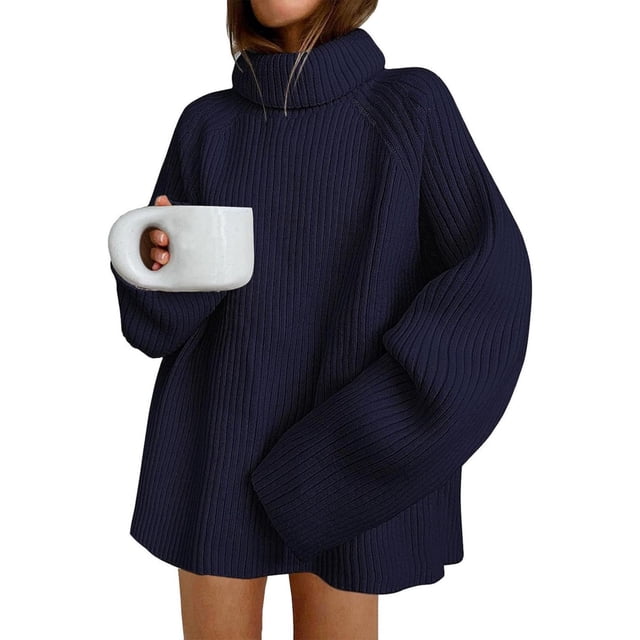 IMENGL Winter oversized turtleneck chunky sweater, Blue M, Size M-XL
