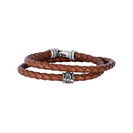 Double Wrap Around Bracelet - Tan Leather 4mm Braided Round Wrap Around Bracelet Oxidized Ss Clasp Fleur De Lis Symbol - 8 Inch