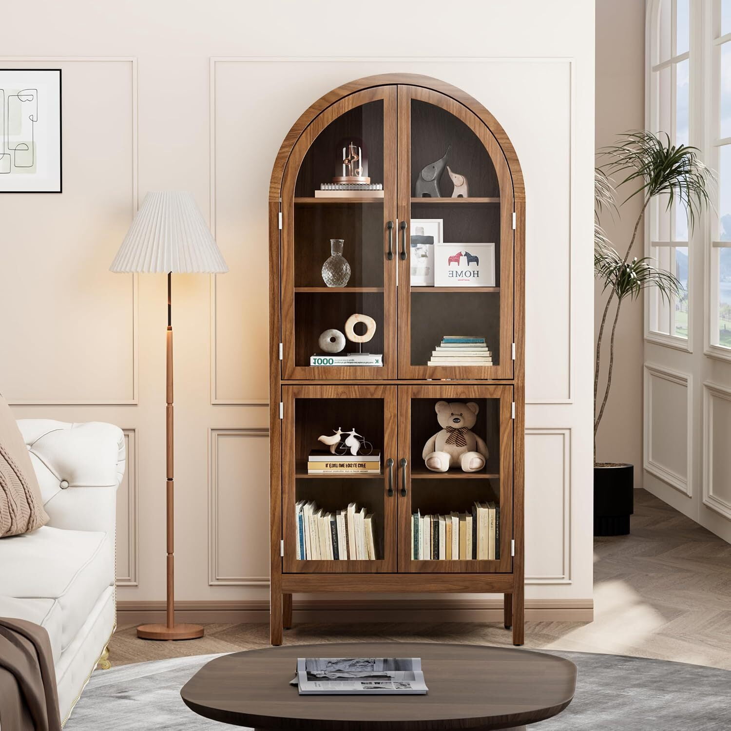 Fsbecl Tall Arched Display Cabinet with Acrylic Glass Doors, Pantry Storage Cabinet for Living Dining Room, Walnut