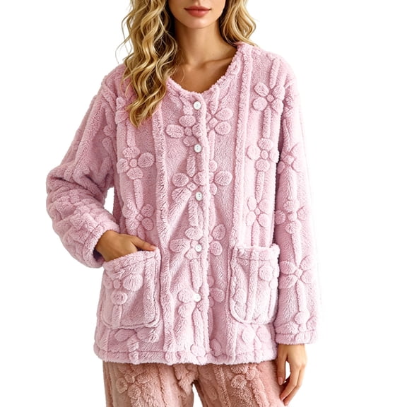 Women's Fuzzy Pajamas Tops Flower Jacquard Warm Long Sleeve Bed Jackets Button Down Sleepwear Winter Coats with Pockets