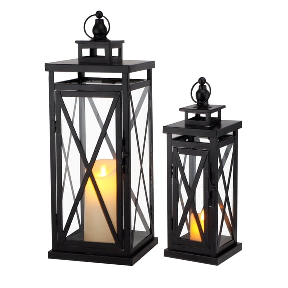 Set of 2 Deacorative Candle Lantern 20'' & 11'' High Metal Candle Holder Hanging Lanterns with Tempered Glass Perfect for Indoor Outdoor