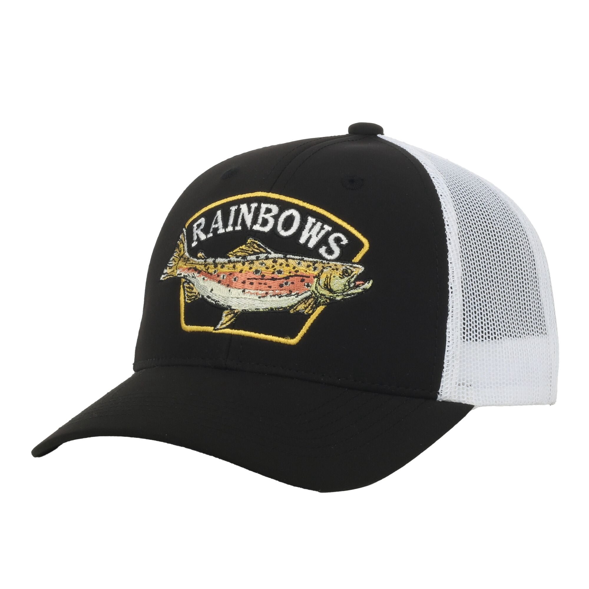 Outdoor Cap Rainbow Trout 6-Panel Structured Trucker Hat – Embroidered Fishing Meshback Cap, Black, One Size