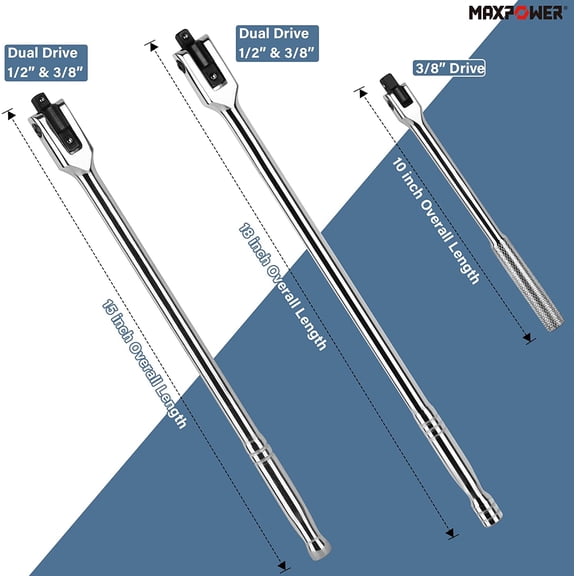 3Pcs Breaker Bar Set - 10", 15", 18" Dual Drive Socket Wrench Set