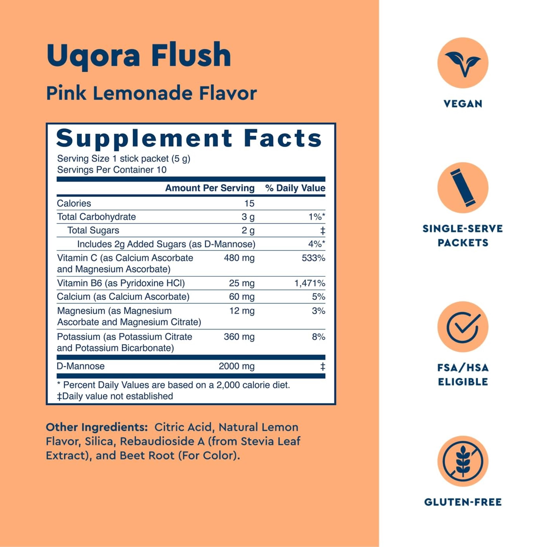 Uqora Flush - Urinary Tract* with D-Mannose, Vitamin C, Vitamin B6, Potassium, Magnesium & Calcium - Gluten-Free & Vegan - Pink Lemonade Flavor - 10 Packets (1 Pack)