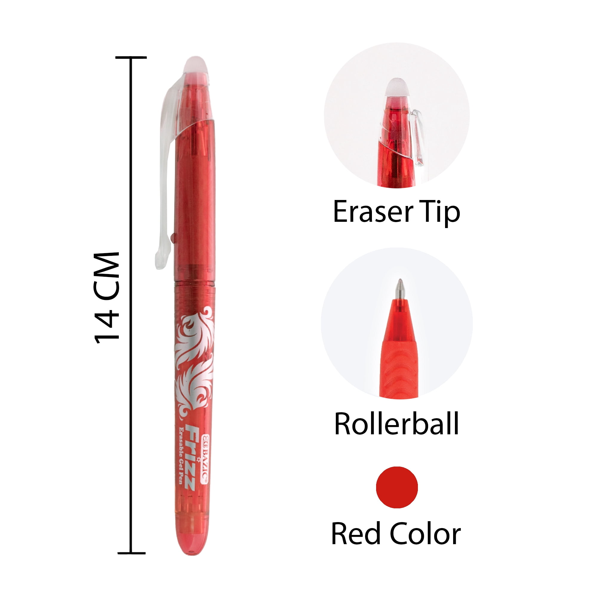 BAZIC Frizz Erasable Gel Pen 0.7mm Red Color, Pen Mistake Eraser, 1-Pack