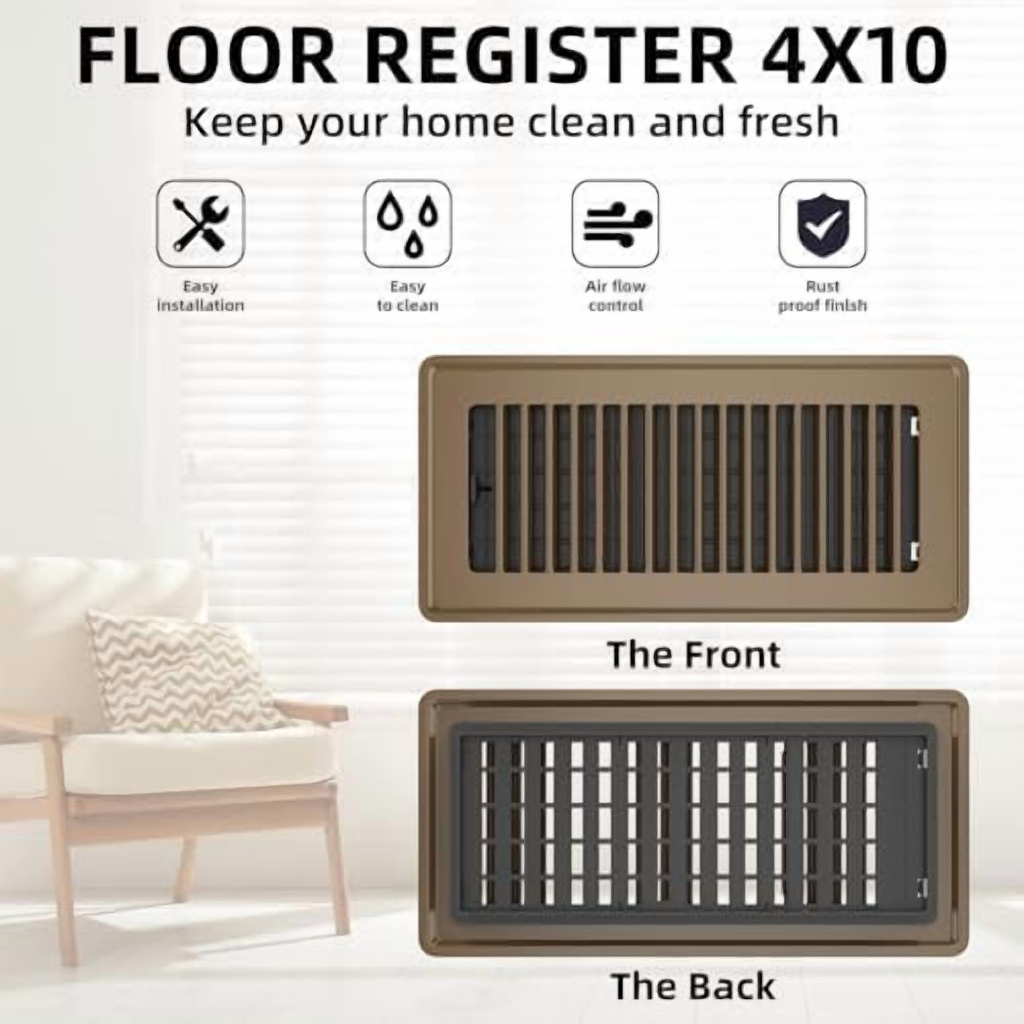 Floor Register 4x10 - 4 Pack Floor Vent Covers for Home Floor Heavy Duty Steel Walkable Floor Vents Air Vent Covers for Sidewall and Floor, Brown