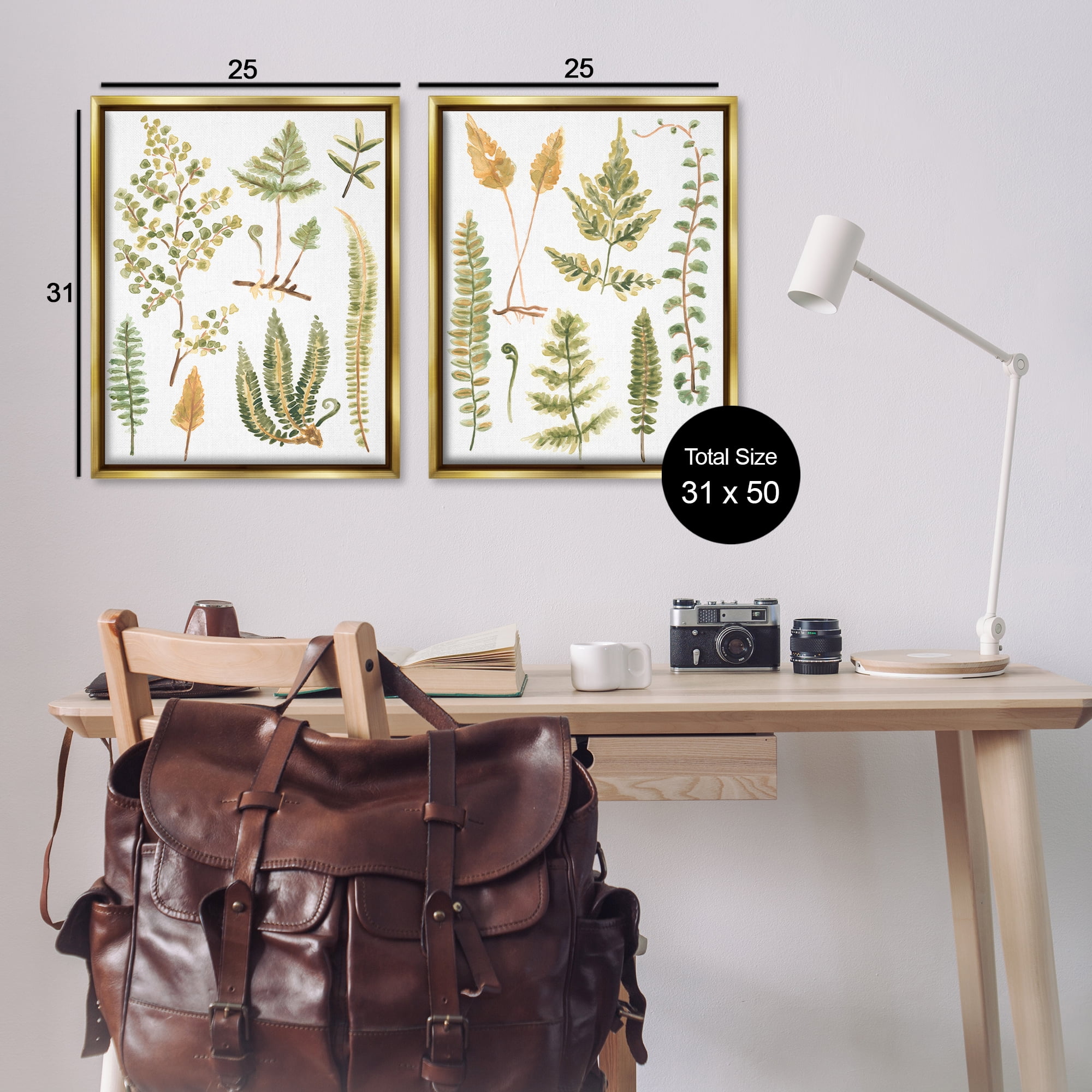 Stupell Industries Watercolor Fern Leaves Plants & Flowers Painting Gold Floater Framed Canvas Art Print Wall Art, 31 x 25, Set of 2