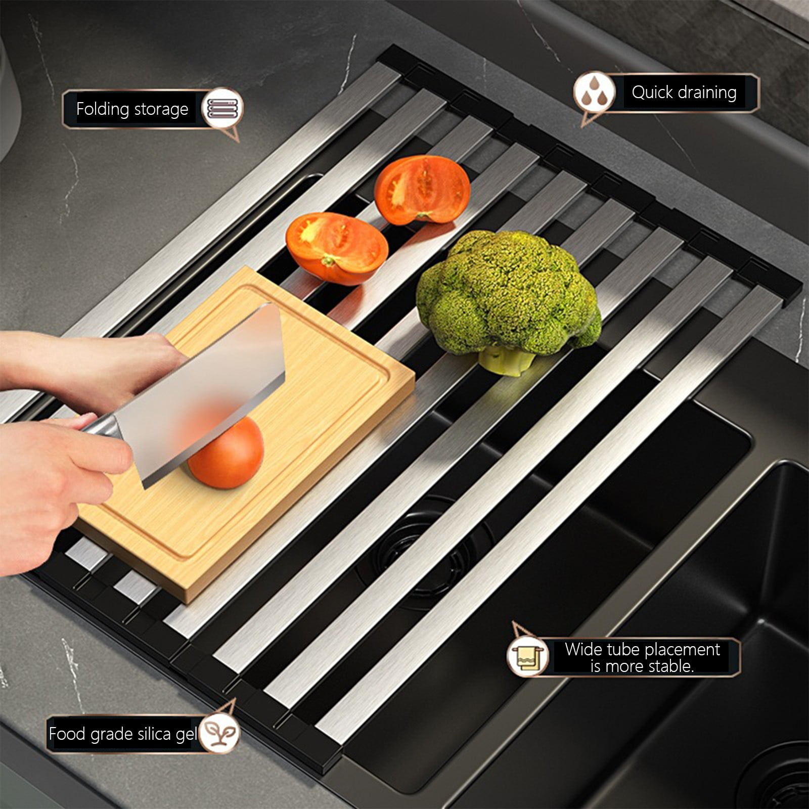 RBCKVXVZ Rectangle Dish Drying Rack, (16" x 13") Foldable Kitchen Accessories, Over The Sink Dish Rack, Non-Slip Sink Counter Storage, Stainless Steel, Gray