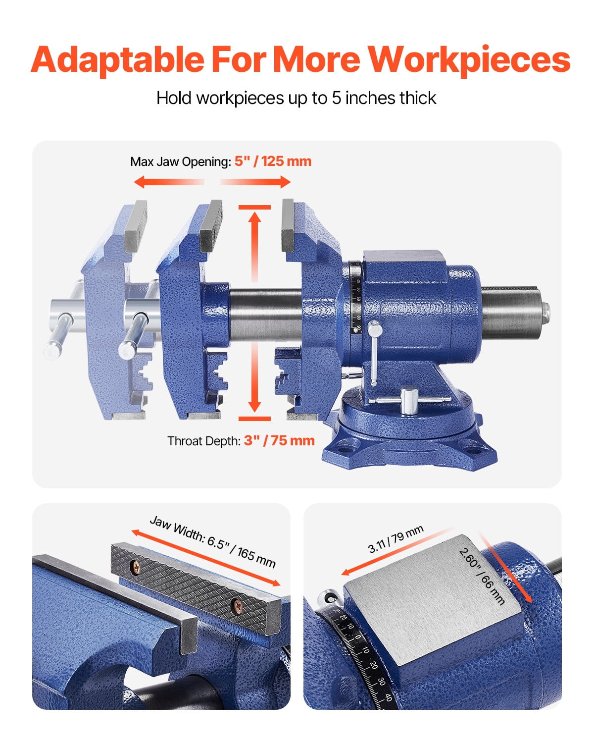 KFFKFF Robust Workbench Clamp, 6-1/2" Clamp Breadth, 5" Maximum Clamp Gap Multi-Functional Malleable Iron Workbench Clamp with Anvil, 360° Rotating Base Head, 3" Neck, 5620 lbs Clamping Power