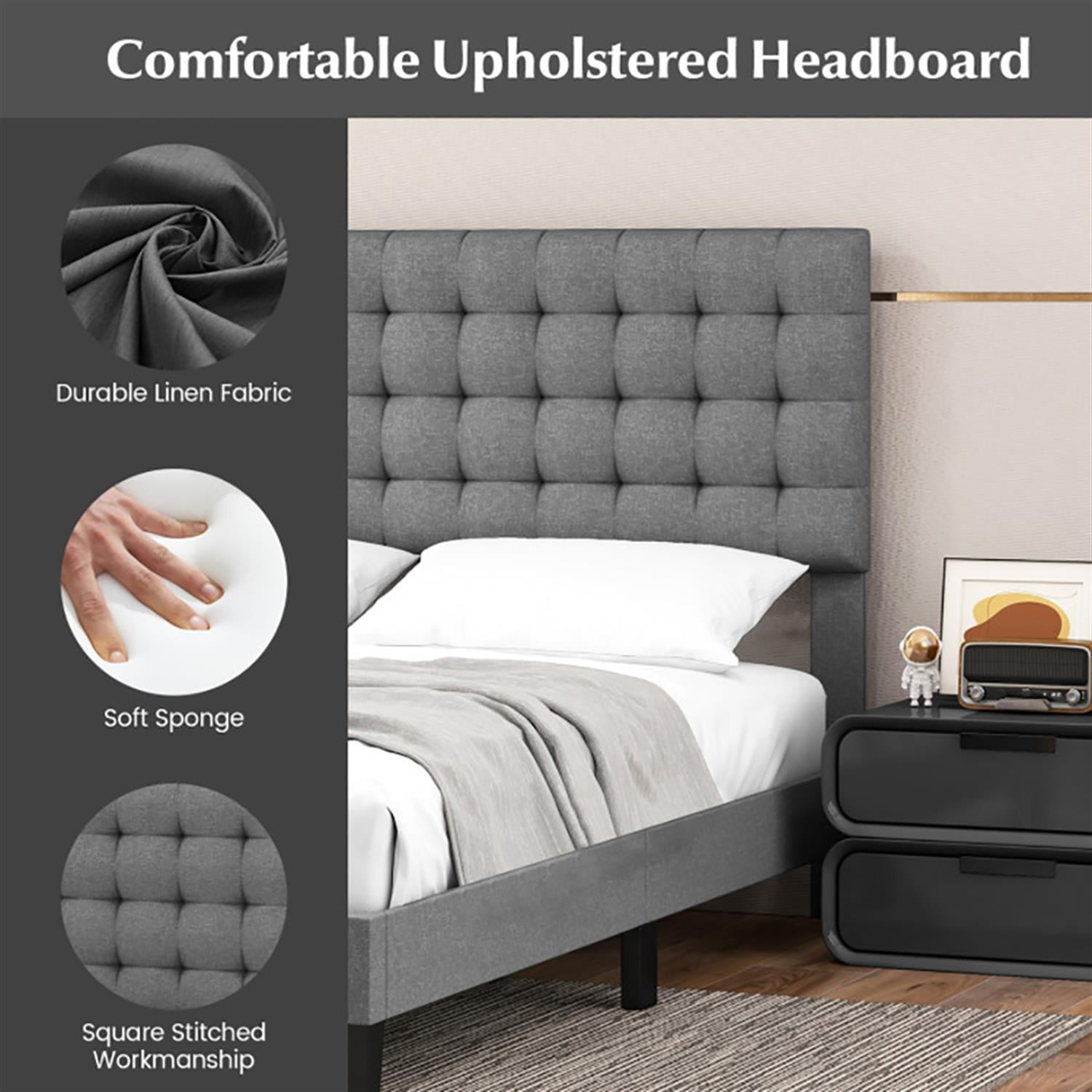 Demi Bonn Queen Size Upholstered Platform Bed Frame with Square Stitched Headboard and Wooden Slats Support, Fully Upholstered Mattress Foundation, Gray