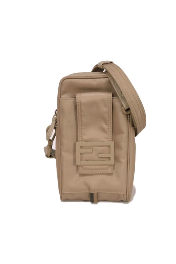 Pre-Owned FENDI Baguette Phone Pouch Shoulder Bag in Gray and Beige, Made of Nylon, FF, 7AS056...