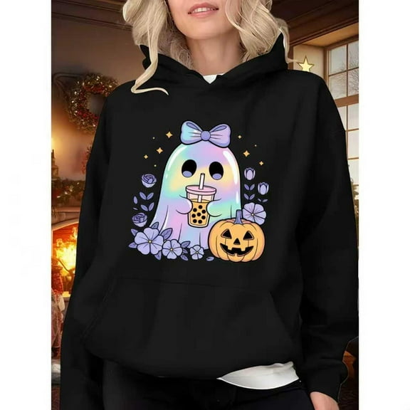 Halloween Womens Ghost Boba Graphic Sweatshirt Tee ,Top Cotton Hooded long-sleeved Black S-2XL