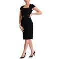thumbnail image 2 of INSPIRE CHIC Women's Square Neck Cap Sleeve Belted Sheath Wear-to-Work Midi Dress XS Black, 2 of 6