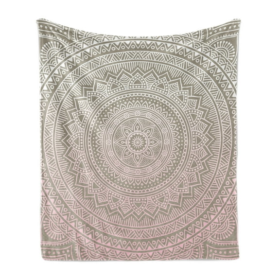 Mandala Soft Flannel Fleece Throw Blanket, Abstract Floral Design with Themes Native South East Folklore, Cozy Plush for Indoor and Outdoor Use, 50" x 70", Pale Pink White Beige, by Ambesonne