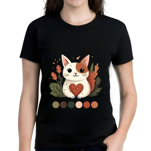 Cute Cartoon Cat Short Sleeve Cotton T-Shirt for Women - Adorable Cat Design with Leaves Stars & Bird Heart Patch Earthy Tones