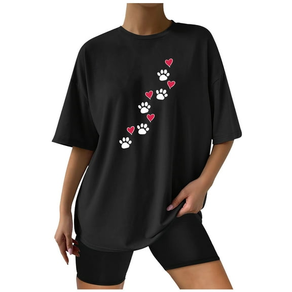 Fesfesfes Workout Shirts Fashion Woman Solid Round-Neck Print Short Sleeve T-Shirt Printing Loose Blouse Tops Yoga Clothes 4(S)